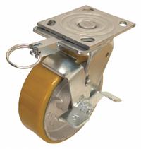 APPROVED VENDOR Plate Caster: Swivel, Directional Lock/Side Brake, Polyurethane, 4 in Wheel Dia. (MPN P21S-UY040R-14-WB-DL). Key specifications — Brand: APPROVED VENDOR; Wheel/Tread Color: Yellow; Roll Up: Swivel with Brake.