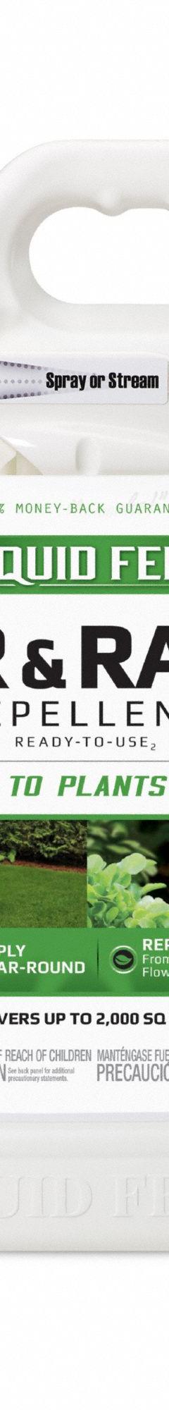 LIQUID FENCE Animal Repellent: Targets Deer/Rabbits, 2,000 sq ft Coverage Area, Liquid Form (MPN 70109). Key specifications — Brand: LIQUID FENCE; Targeted Animals: Rabbits; Form: Liquid.