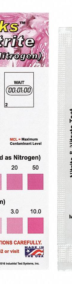 INDUSTRIAL TEST SYSTEMS Test Strips: Nitrate, 0 to 50 ppm Nitrate, Strip, 30 Tests, Nitrate (MPN 481109). Key specifications — Test Form: Strip; Brand: INDUSTRIAL TEST SYSTEMS; Parameter Measurements Included: 0 to 50 ppm Nitrate.