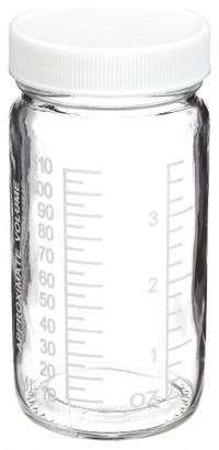 WHEATON Storage Bottle: 125 mL, 48-400 mm, Colorless, 24 Bottles, 52 mm Body Dia, Soda Lime Glass (MPN W216968). Key specifications — Brand: WHEATON; Graduated: Yes; Pre-Cleaned: None; Body Color: Colorless; Screw Closure Size: 48-400 mm.