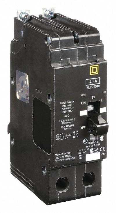 SQUARE D Miniature Circuit Breaker: 40 A, 277/480V AC, Single Phase, 18kA at 277/480V AC - EDB & EGB Series, Bolt-On Square D Miniature Circuit Breakers