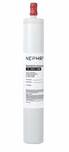 NEPHROS Carbon Block Filter: 1 micron, 1.6 gpm, 3,145 gal, 17 in Overall Ht, 3 in Overall Dia (MPN 70-19031-C60). Key specifications — Filter Media: Carbon; Reduces: Objectionable Odors; Brand: NEPHROS.