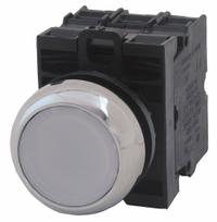 EATON Illuminated Push Button: Illuminated, Flush Profile, Metallic, 22 mm, 2NO (MPN M22M-DL-W-K20-230W). Key specifications — Brand: EATON; Action: Momentary; Series: M22; Push Button Material Type: Metallic.