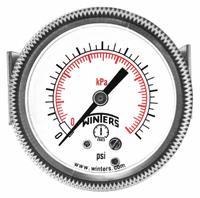 WINTERS Panel-Mount Vacuum Gauge: U-Clamp, 3 1/2 in Dial, 1/4 in NPT Male, Center Back, P9U 90, IP52 (MPN P9U901455UC). Key specifications — Accuracy: ±2-1-2%; Brand: WINTERS; Vibration Resistance Properties: None; Gauge Wetted Parts: Brass / Bronze.