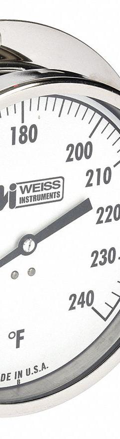 WEISS Analog Panel Mount Thermometer: 40°F to 240°F, ±1%(Scale Division) Accuracy, 6 in Dial Dia (MPN 60BL4-5231-40/240F). Key specifications — Brand: WEISS; Accuracy: ±1 % (Scale Division).