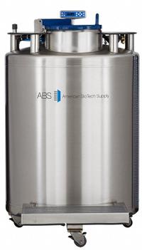 AMERICAN BIOTECH SUPPLY Cryogenic Storage System: 371 L Capacity, 34 in Overall Dia, Stainless Steel (MPN KVP-1). Key specifications — Brand: AMERICAN BIOTECH SUPPLY; Material: Stainless Steel; Includes: Folding Step.