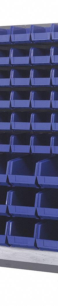 QUANTUM STORAGE SYSTEMS Mobile Louvered Floor Rack: 36 in x 24 in x 72 in, 96 Bins Included, Blue (MPN QMD-36H-230240BL). Key specifications — Bin Width: (72) 5-1/2 in; Color: Gray; Caster Wheel/Configuration: (2) Swivel; Caster Wheel/Tread Material: Hard Rubber; Bin Color: Blue; Bin Depth: (72) 10-7/8 in; Bin Height: (72) 5 in; Brand: QUANTUM STORAGE SYSTEMS.