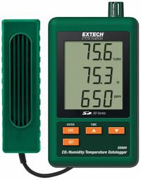 EXTECH Carbon Dioxide Meter: User Selectable Sampling Rate, Gas Analyzers for Carbon Dioxide, SD800. Key specifications — Manufacturer Part Number: SD800; Brand: EXTECH; Digital Display Screen Type: LCD; Features: Selectable Data Sampling Rate of 5, 10, 30, 60, 120, 300, 600 Seconds or Automatic; Includes: 2G SD Memory Card; PPM Accuracy: ±5% of Reading (>1000ppm); Power Source: AC Adapter; Relative Humidity Accuracy: ±4%.