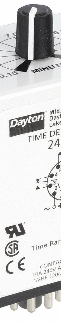 DAYTON Single Function Time Delay Relay: Socket Mounted, 12V DC, 10 A, 11 Pins/Terminals, Off Delay (MPN 24EN84). Key specifications — Brand: DAYTON.