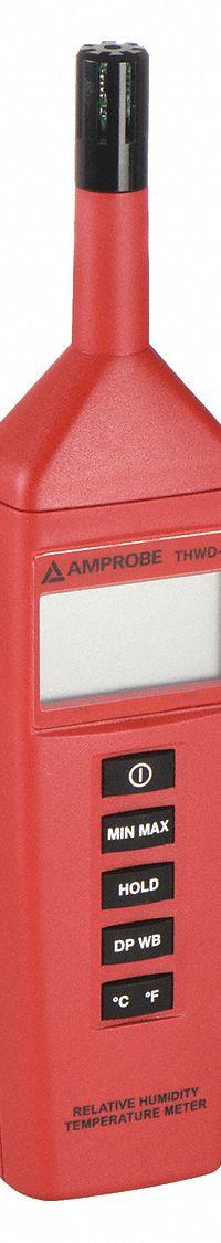 AMPROBE Temperature Humidity Meter: Onboard, Ambient Temp/Dew Point/Relative Humidity/Wet Bulb Temp (MPN THWD-3). Key specifications — attr1107597: AMPROBE; attr1134764: Not Included.