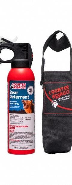 COUNTER ASSAULT Bear Spray: Targets Bears, 32 sq ft Coverage Area, Liquid Form, 8 1/2 in Overall Ht (MPN 1506-7025). Key specifications — Brand: COUNTER ASSAULT; Targeted Animals: Bears; Form: Liquid.