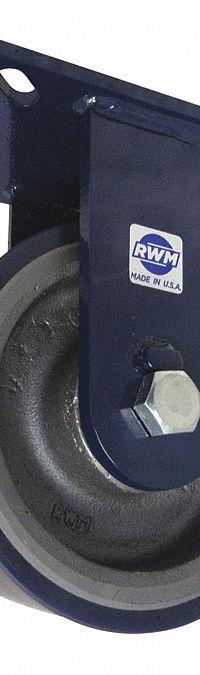 RWM Plate Caster: Rigid, Polyurethane, 8 in Wheel Dia, 3 in Wheel Wd, 10 1/2 in Mounting Ht, Ball (MPN 76-UIB-0830-R-Q). Key specifications — Wheel/Tread Color: Blue; Brand: RWM; Roll Up: Rigid.