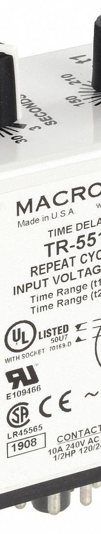 MACROMATIC Single Function Time Delay Relay: Socket Mounted, 120V AC/DC, 10 A, 8 Pins/Terminals (MPN TR-55122-12). Key specifications — Brand: MACROMATIC.