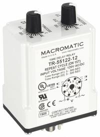 MACROMATIC Single Function Time Delay Relay: Socket Mounted, 120V AC/DC, 10 A, 8 Pins/Terminals (MPN TR-55122-12). Key specifications — Brand: MACROMATIC.