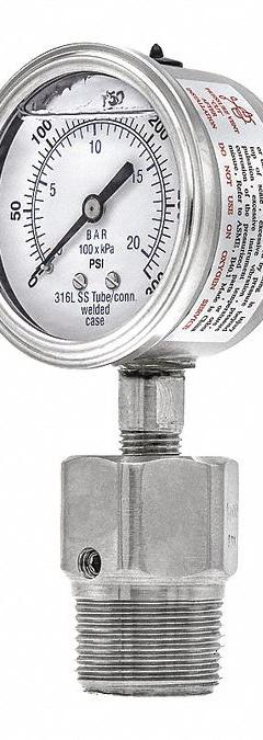 PIC GAUGES Pressure Gauge with Diaphragm Seal: 0 psi to 300 psi, 301L/5JJJ, 2 1/2 in Dial, Glycerin (MPN 301L254H/5JJJA00). Key specifications — Brand: PIC GAUGES; Gauge Case Liquid: Glycerin; Seal Fill Liquid: Glycerin; Seal Lower Housing Material: 316 Stainless Steel; Accuracy: ±2-1-2%; Gauge Wetted Parts: Stainless Steel.