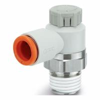 SMC Speed Control Valve: Elbow Fitting, Knob, 1/4 in/1/8 in Valve Body Size, 5/16 in Tube, Meter Out (MPN AS2201F-N01-09SA). Key specifications — attr947203: Brass/PBT; attr947205: SMC.