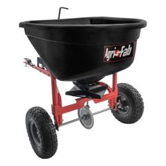 AGRI-FAB Tow-Behind Spreader: 110 lb Capacity, 10 ft Spread Wd, Polyethylene Hopper, Steel Frame (MPN 45-0527). Key specifications — Frame Material: Steel; Spread Width: 10 ft; Brand: AGRI-FAB.