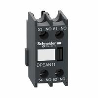 SCHNEIDER Auxiliary Contact Block: 1NO/1NC, 10 A Max Current (AC), Front Mount, Front-Mounted (MPN DPEAN11). Key specifications — Brand: SCHNEIDER; Compatible with Series: TeSys.