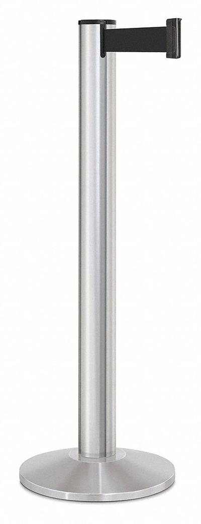 LAVI Barrier Post with Belt: Black, No Pattern, No Legend, 15 ft Belt Lg, Silver - Solid-Color Retractable Belt Post Barriers
