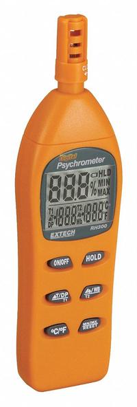 EXTECH Hygro Thermometer Psychrometer: Onboard, 7 in x 1.9 in x 1 in, -4°F to 122°F (MPN RH300). Key specifications — Brand: EXTECH; Calibration Certificate: Not Included.