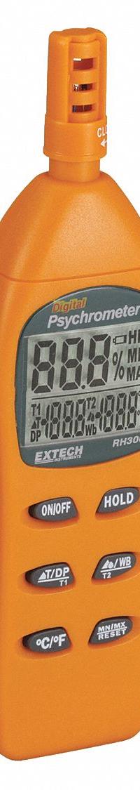 EXTECH Hygro Thermometer Psychrometer: Onboard, 7 in x 1.9 in x 1 in, -4°F to 122°F (MPN RH300). Key specifications — Brand: EXTECH; Calibration Certificate: Not Included.