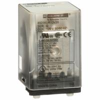 SCHNEIDER General Purpose Relay: Socket Mounted, 10 A Current Rating, 120V AC, 3PDT, C Socket (MPN 8501KUR13V20). Key specifications — Brand: SCHNEIDER; Base Type: Square; Mounting Style: Socket; Pin Shape: Flat; Electrical Connection: Quick-Connect; Manufacturer Part Number: 8501KUR13V20; Series: Square D 8501K Series.