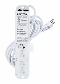 LEVITON Outlet Strip: 4 Outlets, 15 ft Cord Lg, 644 J Rated Energy, 20 A Current, White, 5-20P (MPN 53C4M-2S5). Key specifications — Brand: LEVITON; Mounting Style: Screw.