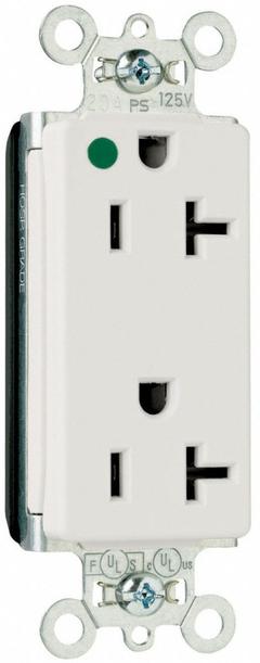 PASS & SEYMOUR Receptacle: Hospital Grade, Decorator Duplex, 5-20R, White, 125V AC, 20 A (MPN PT26362HGW). Key specifications — Brand: PASS & SEYMOUR.