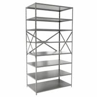 HALLOWELL Metal Shelving: Standalone, Medium-Duty, 48 in x 24 in, 84 in Overall Ht, 8 Shelves (MPN F5713-24HG). Key specifications — Frame Material: Steel; Shelving Material: Steel; Assembled: Unassembled; Color: Gray; Brand: HALLOWELL.