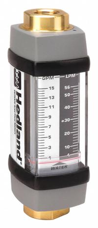 HEDLAND Mechanical Flowmeter: Water and Other Fluid Meter, Scale, Variable Area, Inline, Universal (MPN H605B-015). Key specifications — Display Type: Scale; O-Ring Material: Viton; Includes Flow Rate Adjustment Knob: No; Includes Pressure Guage: No; Mounting Orientation: Universal; Unit Of Measure: Gallons; Brand: HEDLAND; Accuracy: +/-2%.