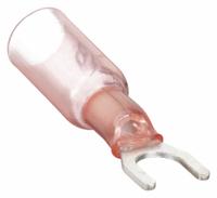 VELVAC Fork Terminals: Red, Heat Shrink, #6 Stud Size, 22 AWG – 18 AWG Wire Range, Std Fork, 600 V (MPN 37122). Key specifications — Barrel Style: Insulation Grip; Manufacturer Part Number: 37122; Brand: VELVAC.