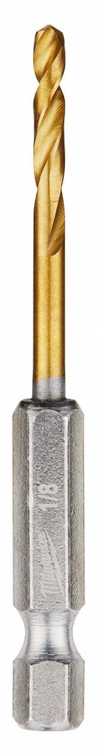 MILWAUKEE Hex Shank Drill Bit: 1/8", 135° Split Point, TiN-Coated HSS, Impact Rated, 2 PK (MPN 48-89-4605). Key specifications — attr1234973: Impact Rated; attr1234966: MILWAUKEE; attr1234978: 0.1250.