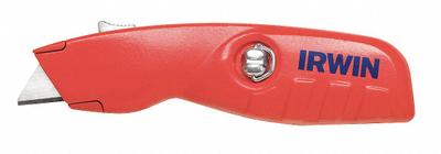 IRWIN Safety Knife: 6 in Overall Lg, 1 1/2 in Overall Wd, Aluminum, Red - Automatic Retracting Utility Knives