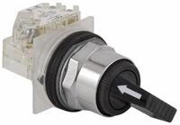 SCHNEIDER Selector Switch: 30 mm Panel Mounting Size, 2 Positions, Extended Lever, SPDT, Metallic (MPN 9001KS11FBH13). Key specifications — AC Contact Rating: 1.5 A @ 480 V; Action: Maintained/Maintained; Cam: E; DC Contact Rating: 0.27 A @ 250 V; Hazardous Location Specification: Not Rated; Operator Head Material: Polycarbonate; Operator Head Type: Long-Handled Knob; Operator Illumination: Non-Illuminated.