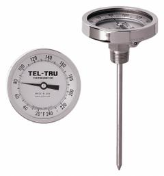 TEL-TRU Dial Thermometer: 0°F to 250°F /-20°C to 120°C, +/- 1% Accuracy, 12 in Stem Lg (MPN GT300R-1214). Key specifications — Temperature Units: Celsius; Accuracy: +/- 1%; Brand: TEL-TRU.