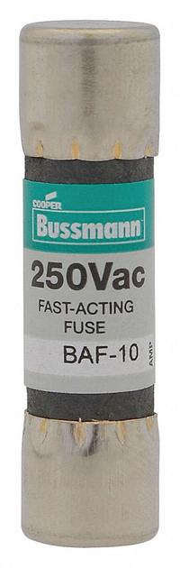 BUSSMANN Fuse: BAF Series, Midget, Fast-Acting, 12 A, 250 V AC, 13/32 in x 1 1/2 in, Non-Indicating (MPN BAF-12). Key specifications — attr1287209: BAF; attr211192: BUSSMANN.