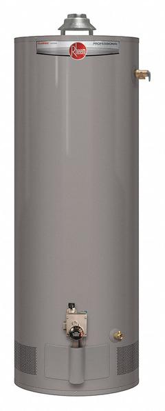 RHEEM Residential Gas Water Heater: Natural Gas, Low NOx, 50 gal, 38,000 BTU, 61.25 in Ht (MPN PROG50-38N RH60). Key specifications — Display Sell UOM: EA; Market: Residential; Standards: AHRI Certified; Sub-brand: gas water heater; Brand: RHEEM; Low NOx: Yes; Water Connection Location: Center; Fuel Type: Natural Gas.