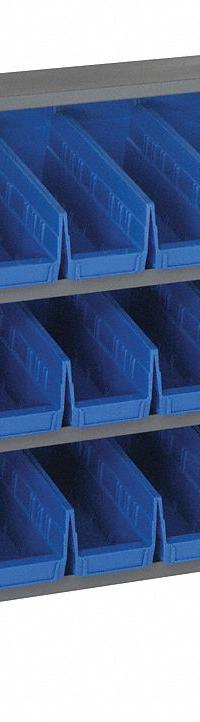QUANTUM STORAGE SYSTEMS Bench Pick Rack: 36 in x 12 in x 27 in, 1 Usable Sides, 3 Shelves, 24 Bins (MPN QPRHA-201BL). Key specifications — Bin HxWxD: (24) 6 in x 4-1/8 in x 11-5/8 in; Frame Material: Steel; Frame Color: Gray; Bin Color: Blue; Brand: QUANTUM STORAGE SYSTEMS.