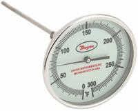 DWYER Glow-in-the-Dark Dial Thermometer: 0°F to 300°F, +/- 1% Accuracy, 5 in Dial Dia, Male (MPN GBTA560151). Key specifications — attr1275048: +/- 1%; attr1275052: DWYER.
