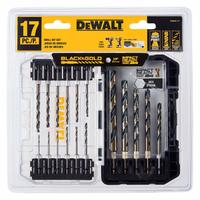 DEWALT Hex Shank Drill Set: 17 Pc, 1/16" to 3/8", 135° Split Point, Black & Gold HSS (MPN DWAH1117). Key specifications — attr1239143: Impact Rated.
