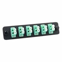 FIBERTRONICS Fiber Optic Adapter Plate: Multi-Mode, OM3, 12 Fiber Ports, LC, UPC, Duplex, Aqua, LGX (MPN LGX-LCDX-6A). Key specifications — Brand: FIBERTRONICS; Connector Type: LC; Port Configuration: Duplex; Color: Aqua; Contact Type Finish: UPC.