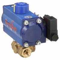 DYNAQUIP CONTROLS Pneumatically Actuated Three-Way Ball Valve: 1/2 in, Brass, FNPT x FNPT x FNPT (MPN PYHG3AUSR05210A). Key specifications — Brand: DYNAQUIP CONTROLS; Pilot Solenoid Voltage: 115V AC.