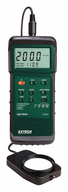 EXTECH Light Meter: Holster with Stand/Light Sensor with 45 in Cable/Protective Cover, LCD, RS-232 (MPN 407026). Key specifications — Brand: EXTECH; Light Level Accuracy: ±4% Full Scale; Digital Display Screen Type: LCD; Includes: Protective Cover; Lights Tested: Mercury; Certificate of Calibration: Not Included.