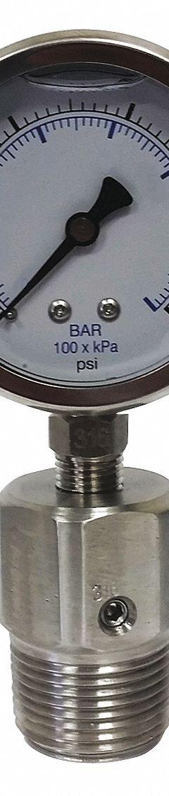KODIAK Pressure Gauge with Diaphragm Seal: 0 psi to 200 psi, KC301/DSM35FLUSH, 2 1/2 in Dial, Bottom (MPN KC301L25200/DSF14-M). Key specifications — Brand: KODIAK; Gauge Case Liquid: Glycerin; Seal Fill Liquid: Mineral Oil; Gauge Case Material: 304 Stainless Steel; Seal Lower Housing Material: 316 Stainless Steel; Accuracy: ±1.60%; Gauge Wetted Parts: Stainless Steel.