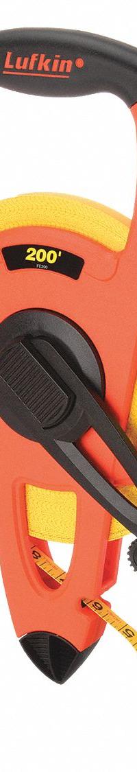 CRESCENT LUFKIN Long Tape Measure: Manual, FE200, SAE, 200 ft, 1/8 in, Plastic with Grip, Inch, Open. Key specifications — attr939846: FE200; attr939849: Fiberglass; attr939859: Nonmagnetic Single Hook; attr939850: Single-Sided; attr939855: 1/8 in; attr944023: Hook End; attr940484: CRESCENT LUFKIN; attr985224: Plastic with Grip.