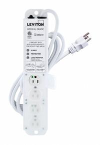 LEVITON Outlet Strip: 4 Outlets, 7 ft Cord Lg, 644 J Rated Energy, 15 A Current, White, 5-15P, 5-15R (MPN 53C4M-1S7). Key specifications — Brand: LEVITON; Mounting Style: Screw.