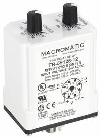 MACROMATIC Single Function Time Delay Relay: Socket Mounted, 24V AC/DC, 10 A, 8 Pins/Terminals (MPN TR-55128-12). Key specifications — Brand: MACROMATIC.