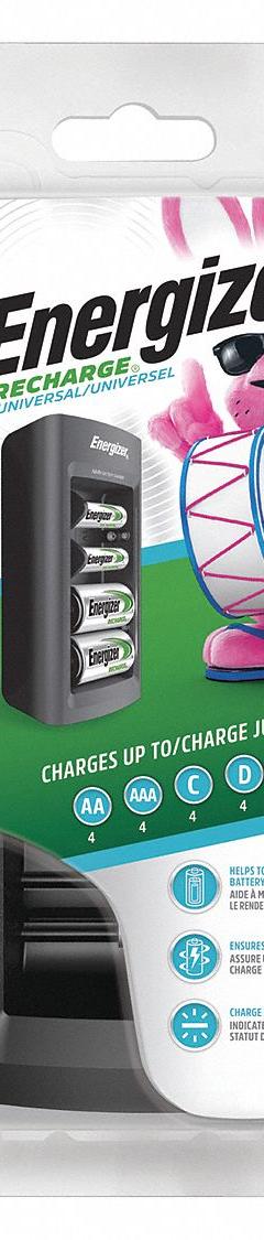 ENERGIZER Battery Charger: Nickel-Metal Hydride, 9V/AA/AAA/C/D, 2 to 8 hr, Includes AC Power Cord (MPN CHFC). Key specifications — Battery Chemistry: Nickel-Metal Hydride; For Battery Size: D; Battery Recharge Time: 2 to 8 hr; Includes: AC Power Cord; Brand: ENERGIZER.