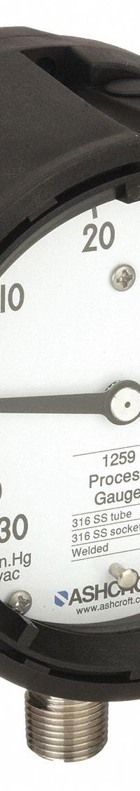 ASHCROFT Process Compound Gauge: 0 psi to 60 psi, White, 4 1/2 in Dial, 1/2 in NPT Male, Bottom, PBT (MPN 451259SD04LV/60#). Key specifications — Brand: ASHCROFT; Pointer Color: Black; Accuracy: ±0.5%; Dial Color: White; Gauge Wetted Parts: Stainless Steel; Case Material: PBT; Vibration Resistance Properties: None; Pressure Range: 0 psi to 60 psi.