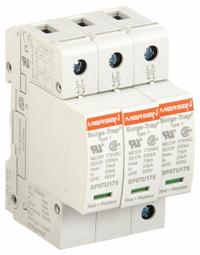 MERSEN Surge Protection Device: Three Phase, 120/208V AC Wye, 3 Poles, 4 Wires, L-L/L-N, 200kA (MPN STP208Y07). Key specifications — Voltage: 120/208V AC Wye; Number of Wires: 4 Wires; Modes of Protection: L-N; Max. Continuing Operating Voltage: 175/350 V AC; Voltage Protection Rating: 1200V (L-L); Short Circuit Current Rating: 200kA; Filtering: No; Enclosure Material: Polyethylene Terephthalate.
